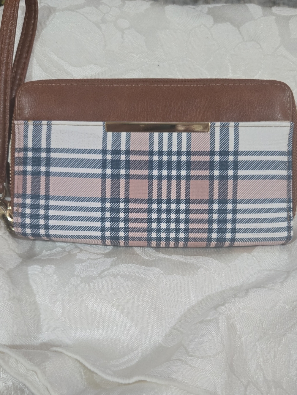 Plaid Pink and Brown Wristlet Wallet - Women's Zip Clutch